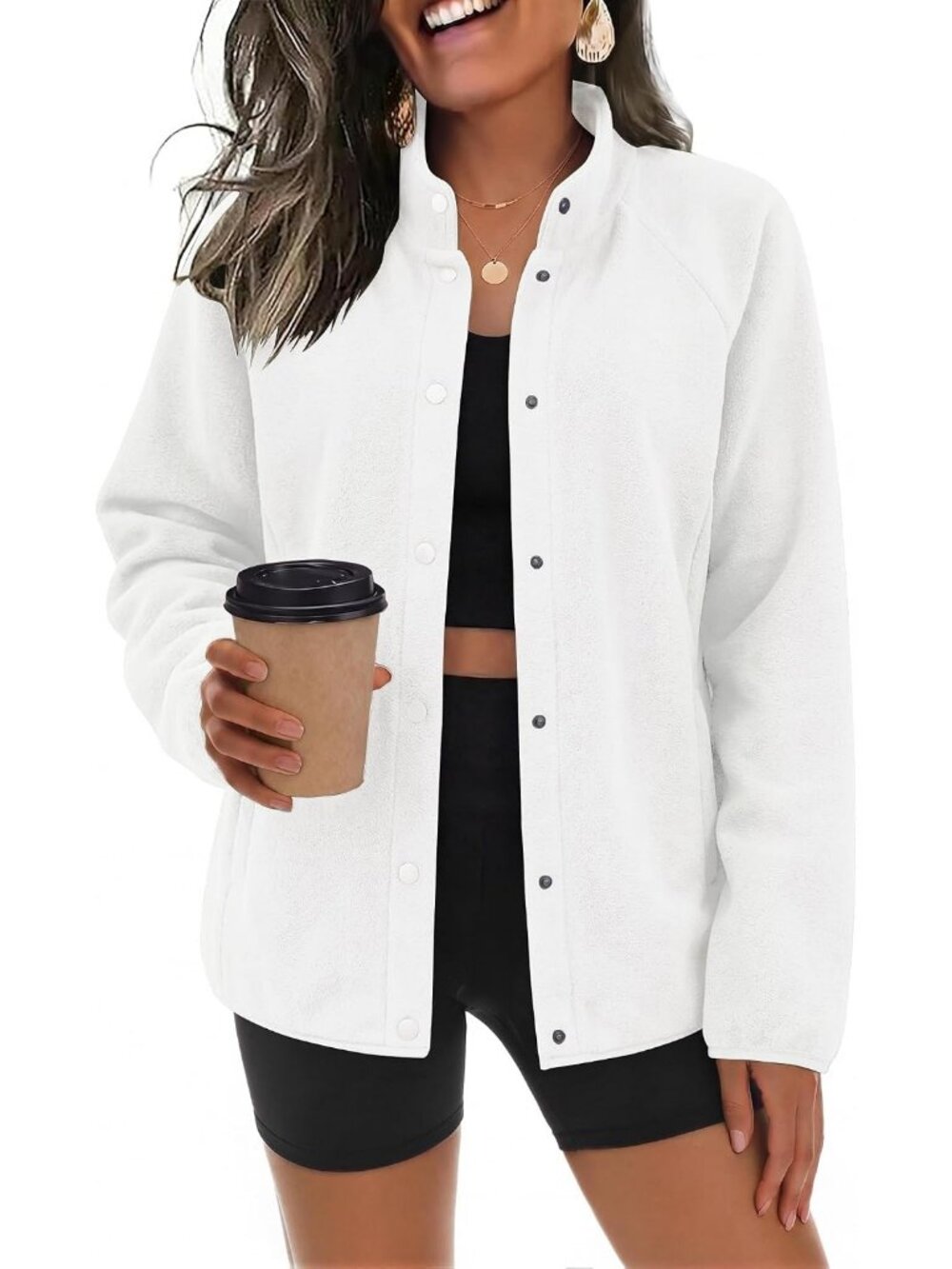 Women's White Fleece Jackets Fall Clothe Button Winter Coat with Pockets